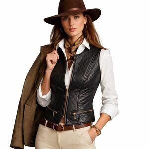 Clifford & Wills Black Quilted Leather Vest Zip Equestrian Western Y2K Vintage